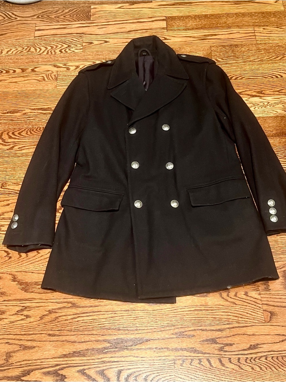 Club Monaco Black Double-Breasted Wool Pea Coat with Metal Buttons
